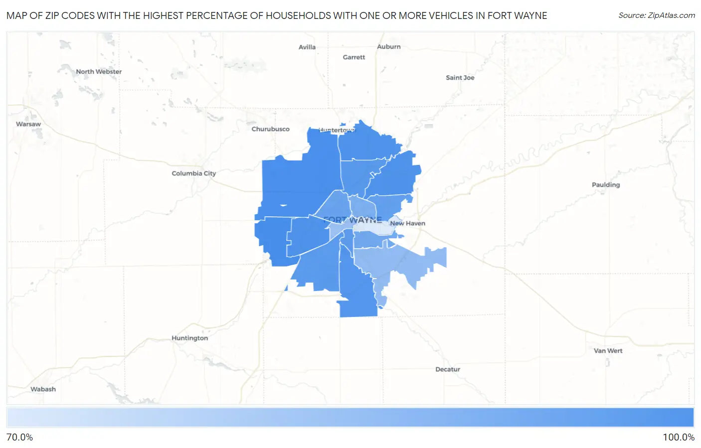 Zip Codes with the Highest Percentage of Households With One or more Vehicles in Fort Wayne Map