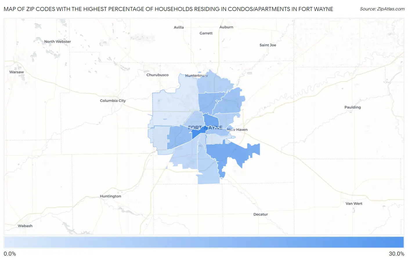 Zip Codes with the Highest Percentage of Households Residing in Condos/Apartments in Fort Wayne Map