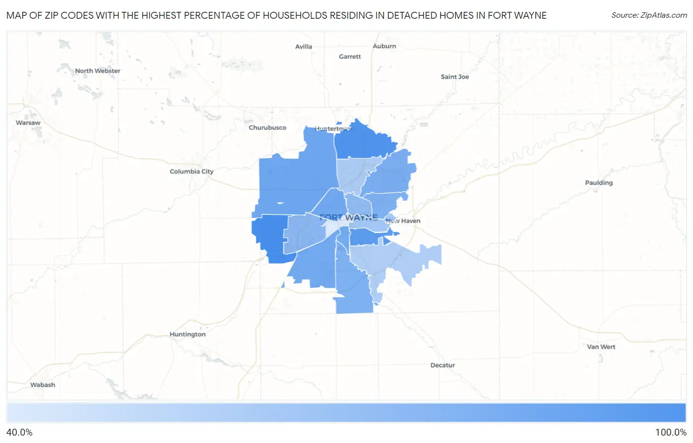 Zip Codes with the Highest Percentage of Households Residing in Detached Homes in Fort Wayne Map