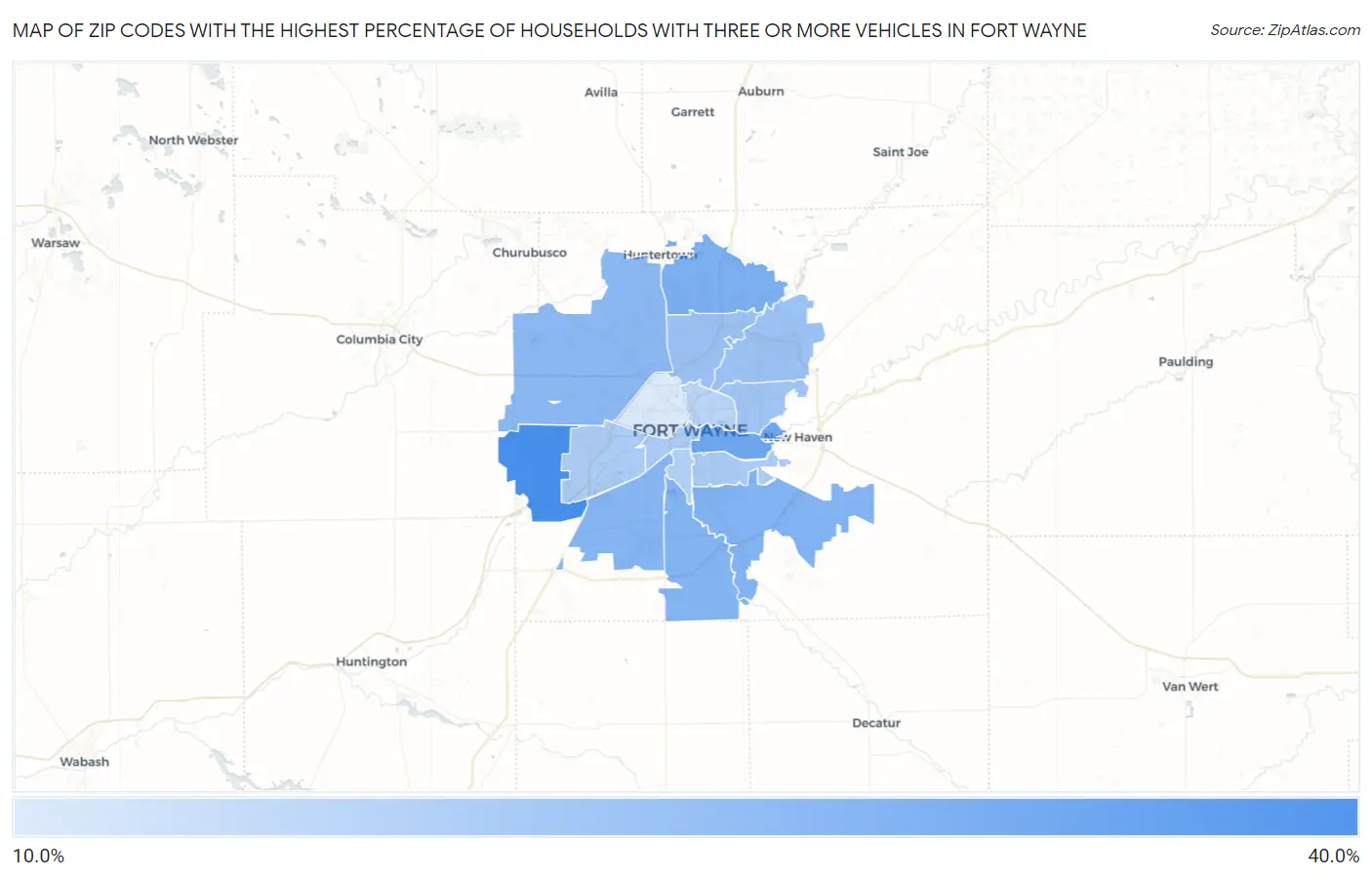 Zip Codes with the Highest Percentage of Households With Three or more Vehicles in Fort Wayne Map