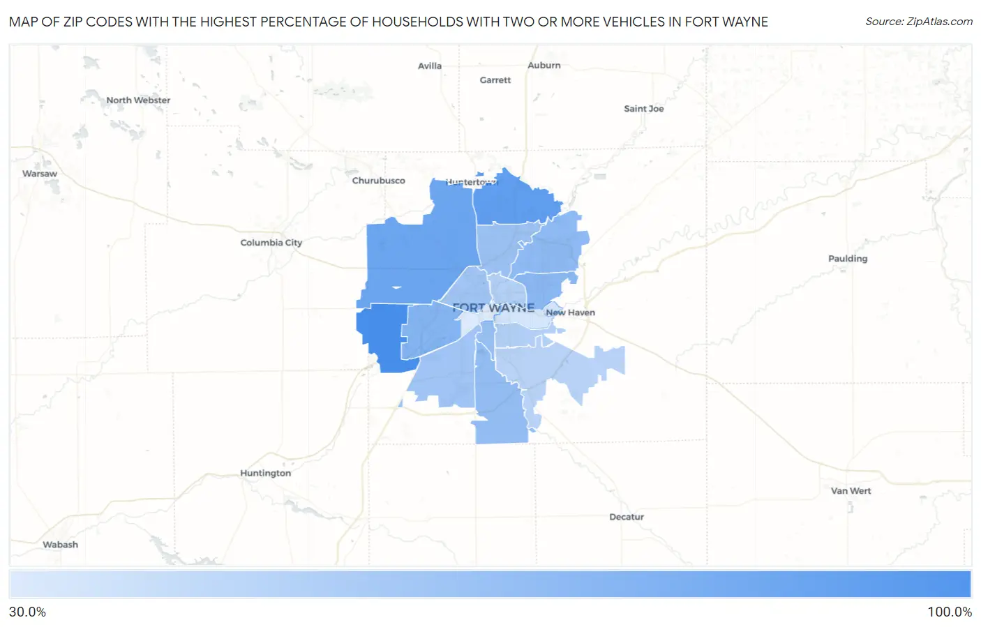 Zip Codes with the Highest Percentage of Households With Two or more Vehicles in Fort Wayne Map