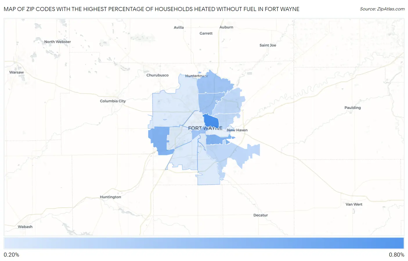 Zip Codes with the Highest Percentage of Households Heated without Fuel in Fort Wayne Map