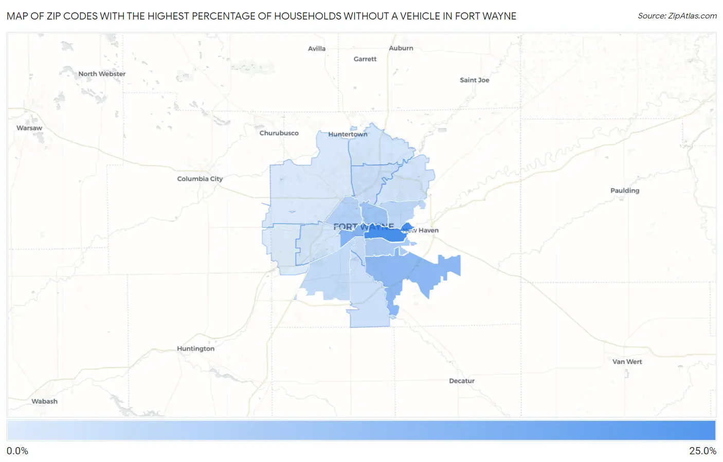 Zip Codes with the Highest Percentage of Households Without a Vehicle in Fort Wayne Map