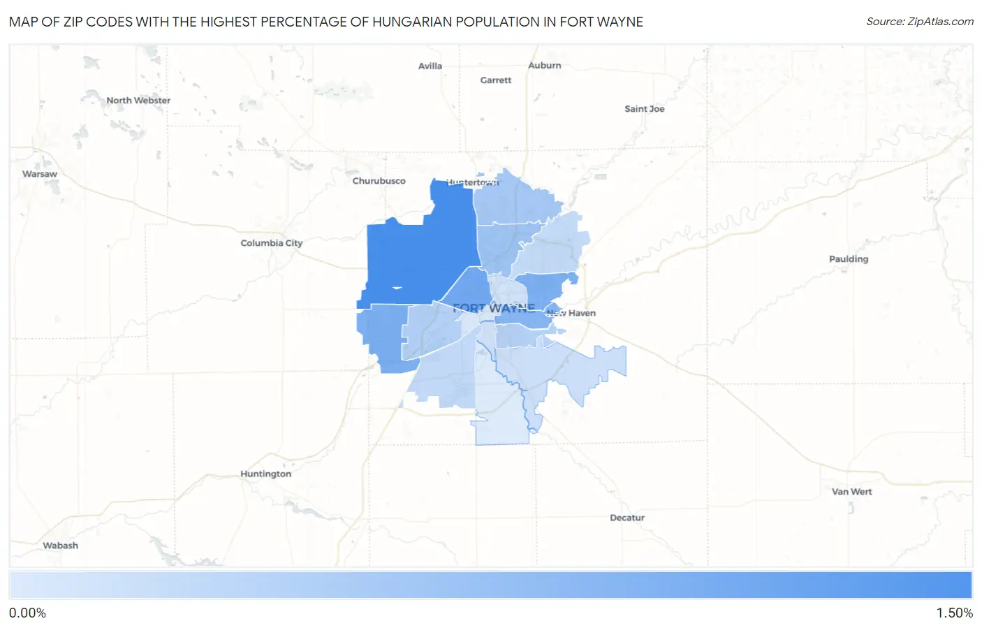 Zip Codes with the Highest Percentage of Hungarian Population in Fort Wayne Map