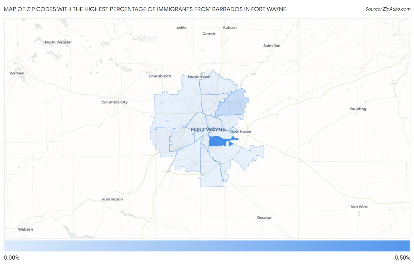 Zip Codes with the Highest Percentage of Immigrants from Barbados in Fort Wayne Map