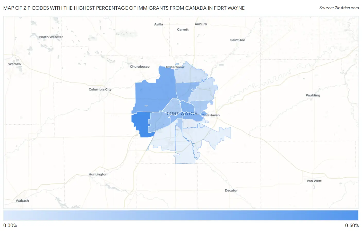 Zip Codes with the Highest Percentage of Immigrants from Canada in Fort Wayne Map