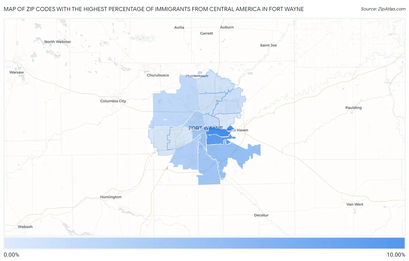 Zip Codes with the Highest Percentage of Immigrants from Central America in Fort Wayne Map