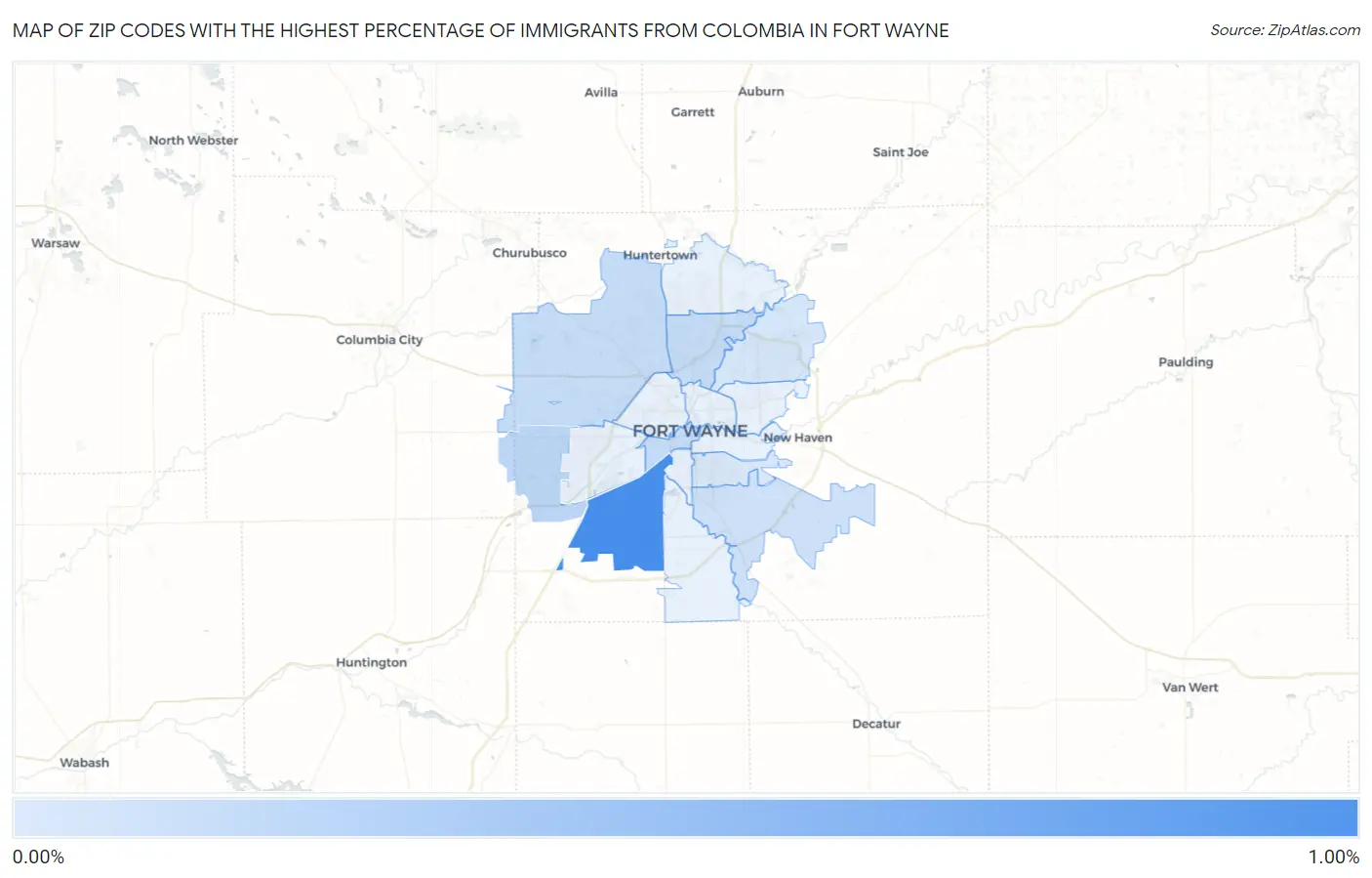 Zip Codes with the Highest Percentage of Immigrants from Colombia in Fort Wayne Map