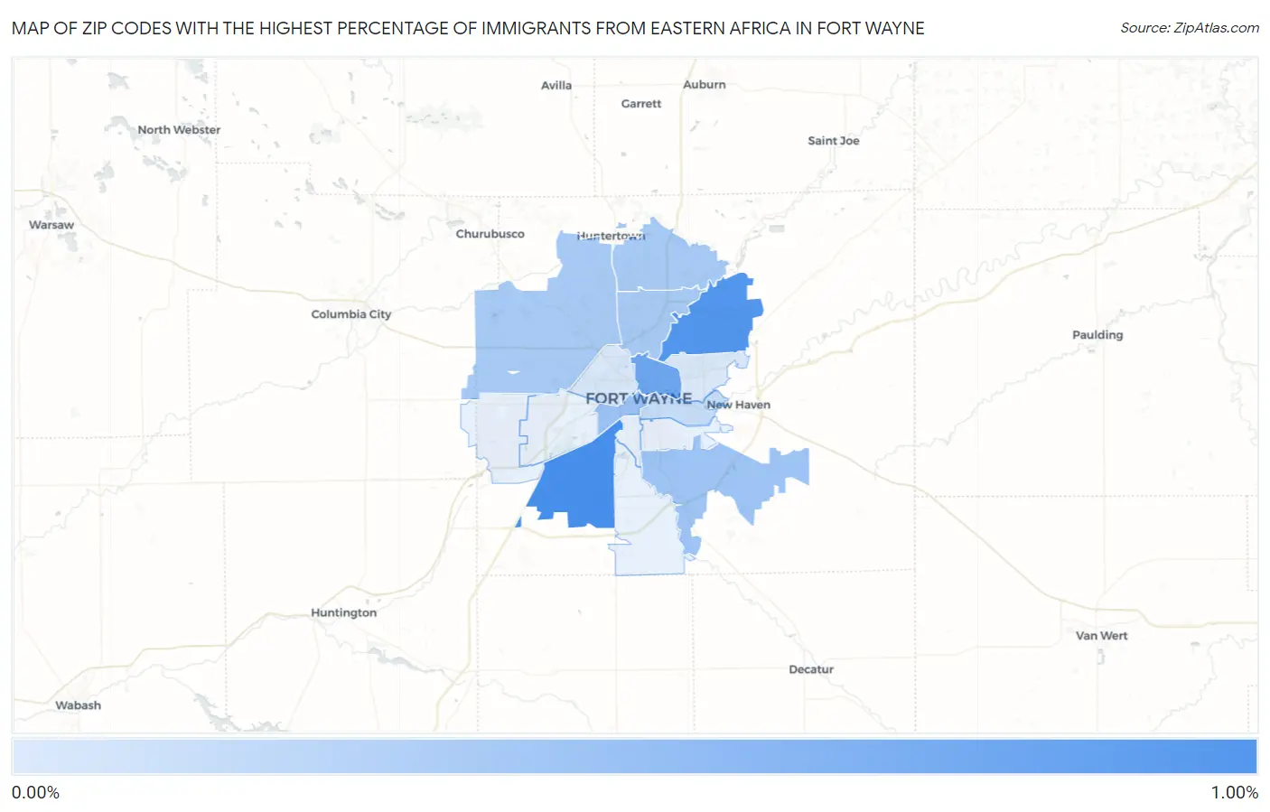 Zip Codes with the Highest Percentage of Immigrants from Eastern Africa in Fort Wayne Map