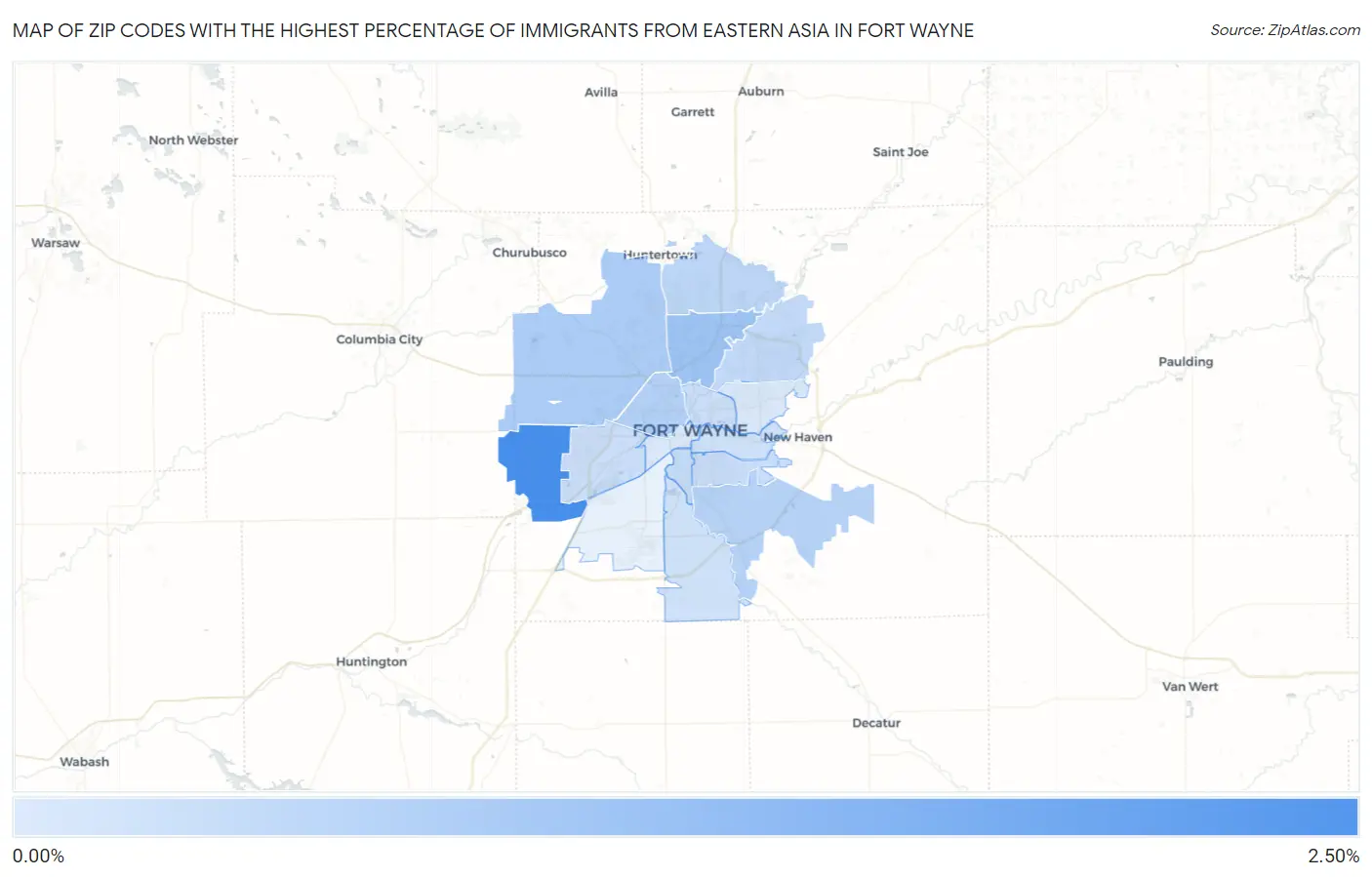Zip Codes with the Highest Percentage of Immigrants from Eastern Asia in Fort Wayne Map