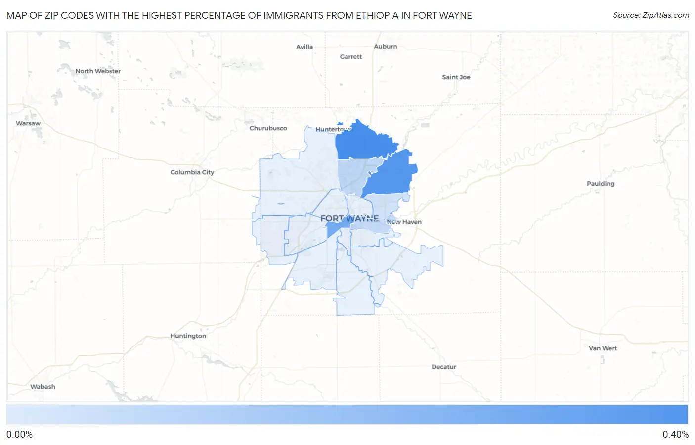 Zip Codes with the Highest Percentage of Immigrants from Ethiopia in Fort Wayne Map