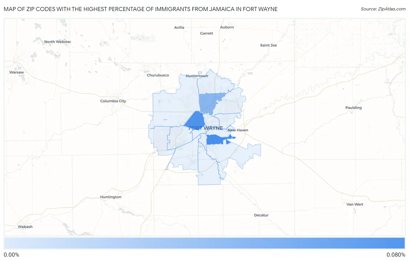 Zip Codes with the Highest Percentage of Immigrants from Jamaica in Fort Wayne Map