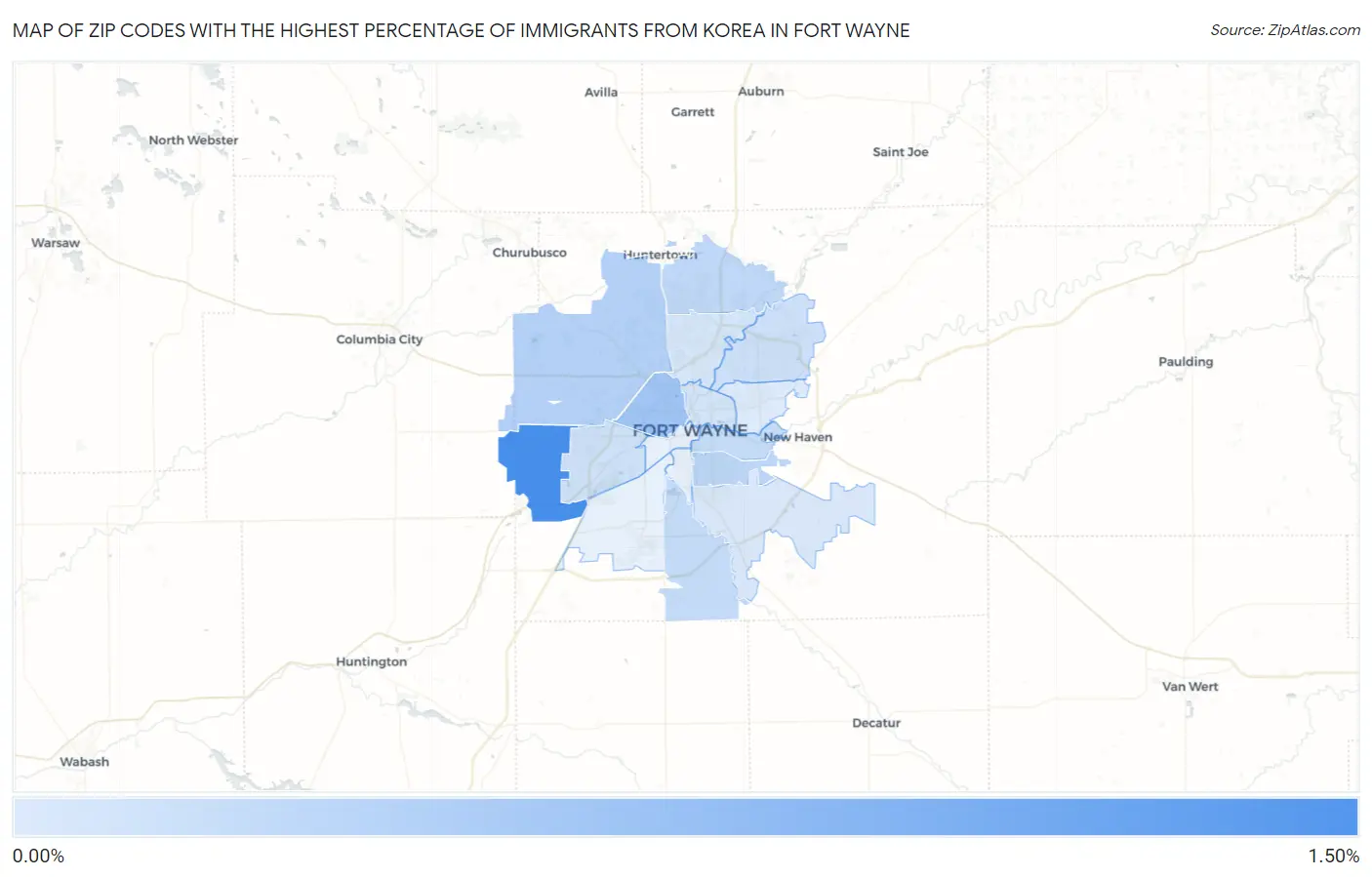 Zip Codes with the Highest Percentage of Immigrants from Korea in Fort Wayne Map