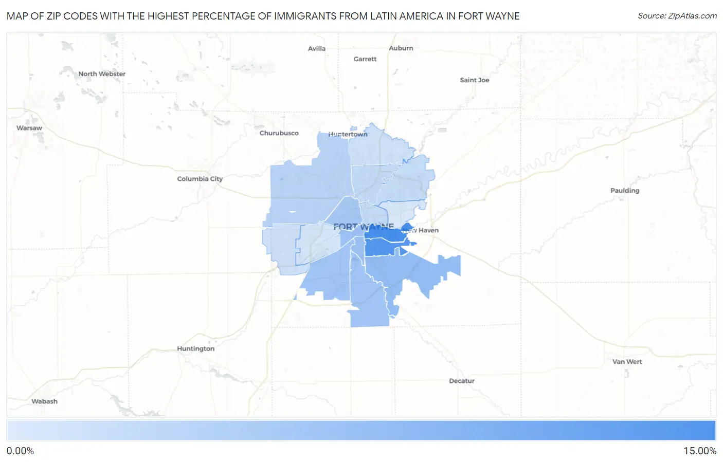 Zip Codes with the Highest Percentage of Immigrants from Latin America in Fort Wayne Map