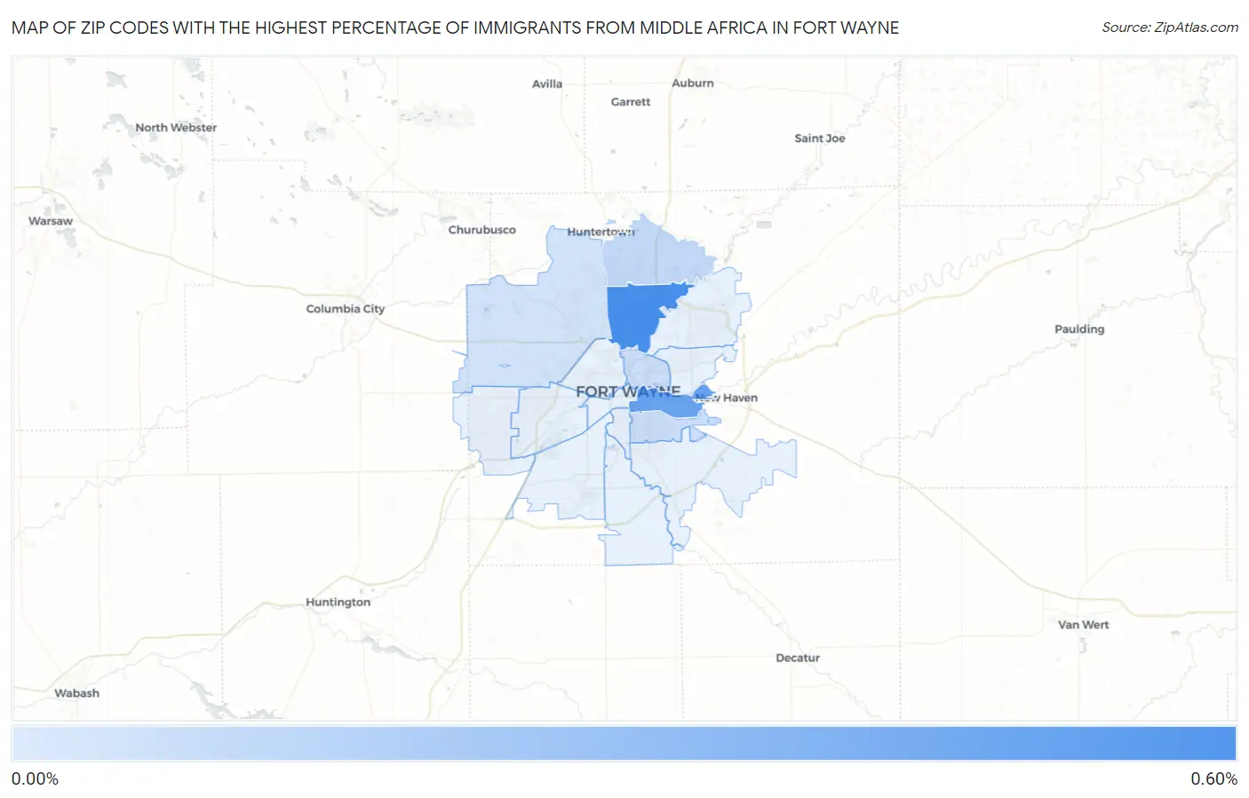 Zip Codes with the Highest Percentage of Immigrants from Middle Africa in Fort Wayne Map
