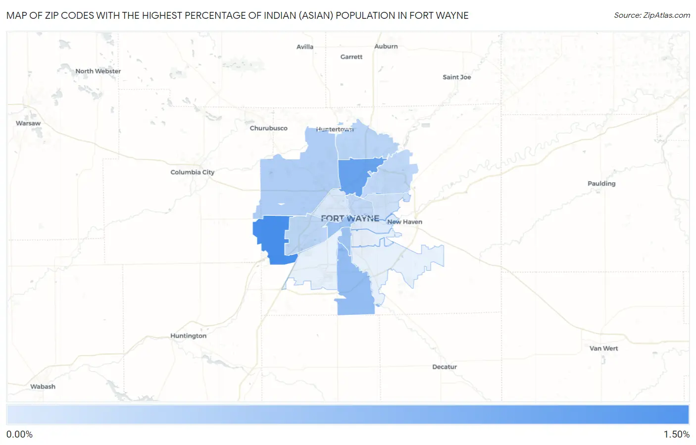 Zip Codes with the Highest Percentage of Indian (Asian) Population in Fort Wayne Map