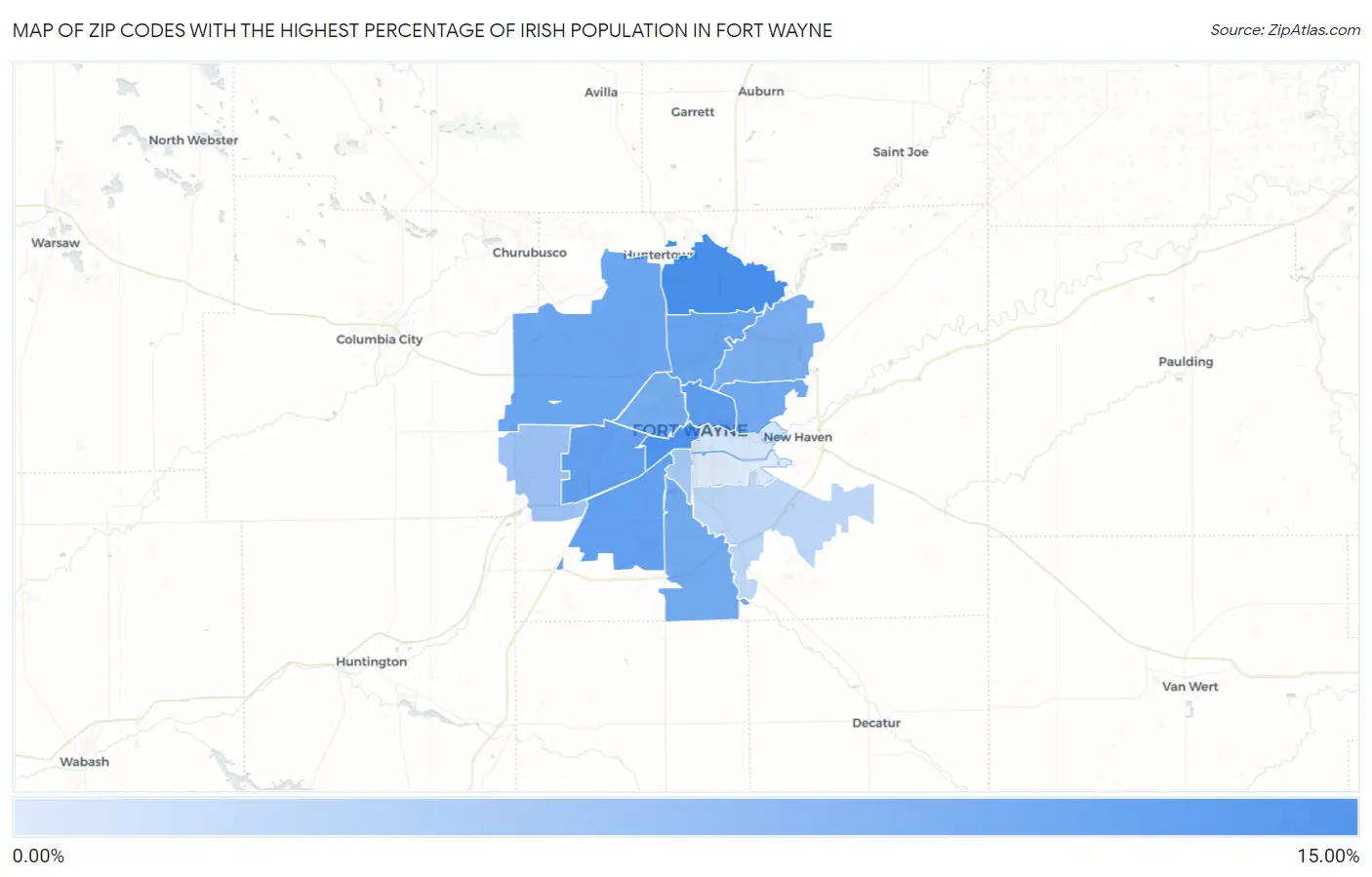 Zip Codes with the Highest Percentage of Irish Population in Fort Wayne Map
