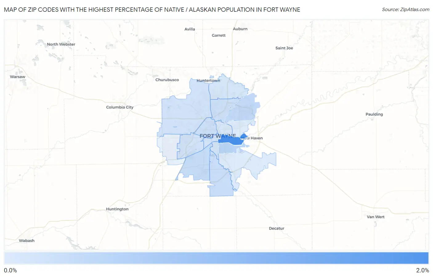 Zip Codes with the Highest Percentage of Native / Alaskan Population in Fort Wayne Map