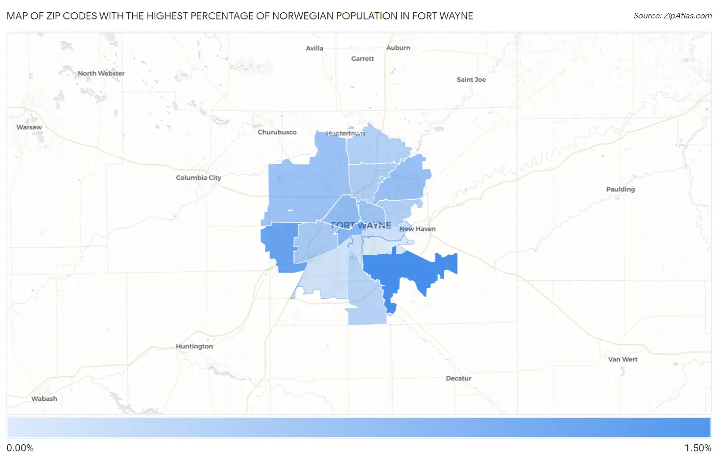 Zip Codes with the Highest Percentage of Norwegian Population in Fort Wayne Map