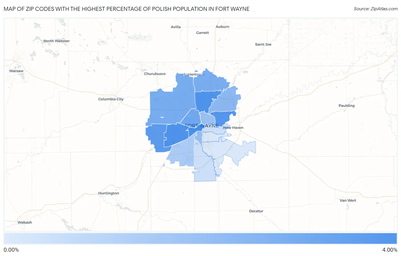 Zip Codes with the Highest Percentage of Polish Population in Fort Wayne Map