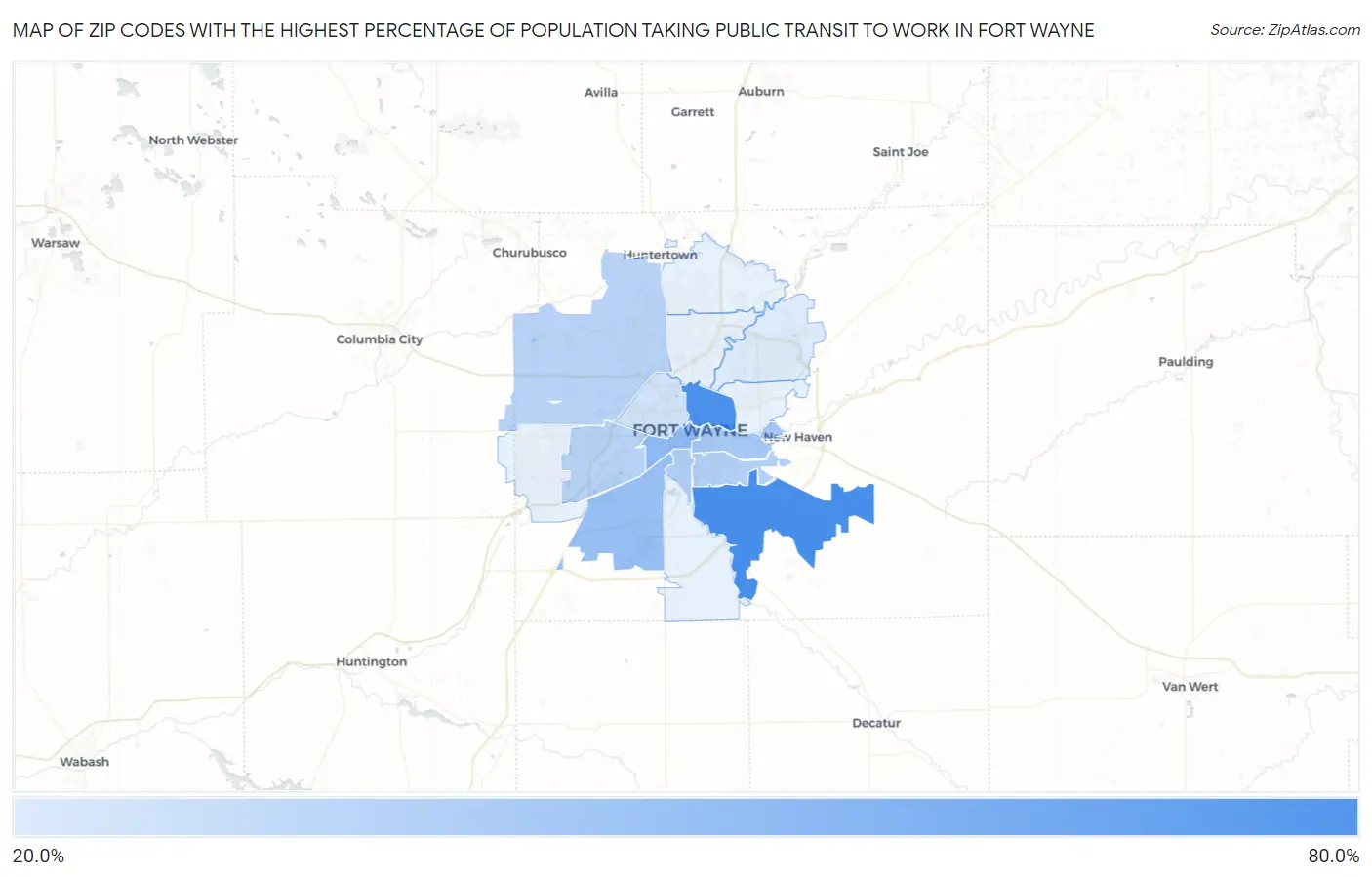 Zip Codes with the Highest Percentage of Population Taking Public Transit to Work in Fort Wayne Map