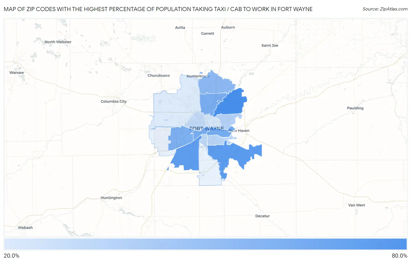 Zip Codes with the Highest Percentage of Population Taking Taxi / Cab to Work in Fort Wayne Map