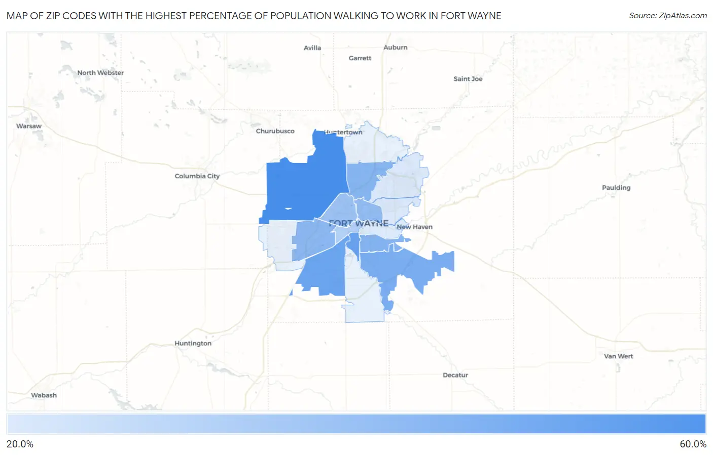 Zip Codes with the Highest Percentage of Population Walking to Work in Fort Wayne Map