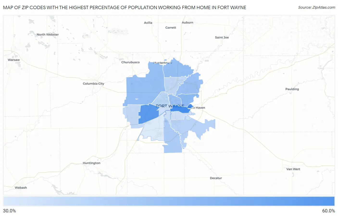 Zip Codes with the Highest Percentage of Population Working from Home in Fort Wayne Map