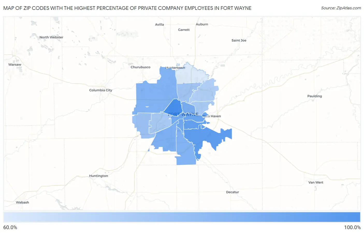 Zip Codes with the Highest Percentage of Private Company Employees in Fort Wayne Map