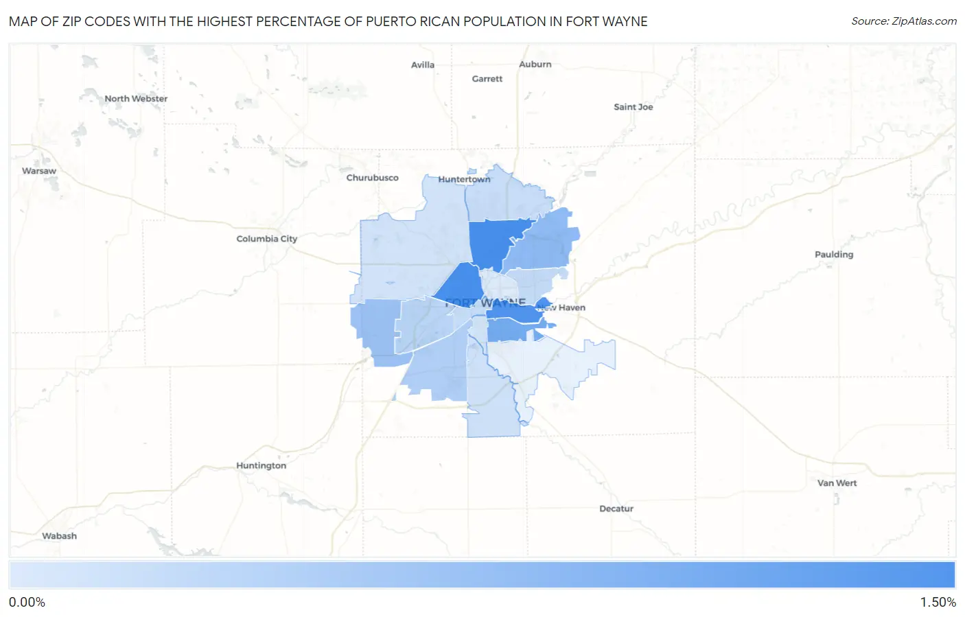 Zip Codes with the Highest Percentage of Puerto Rican Population in Fort Wayne Map