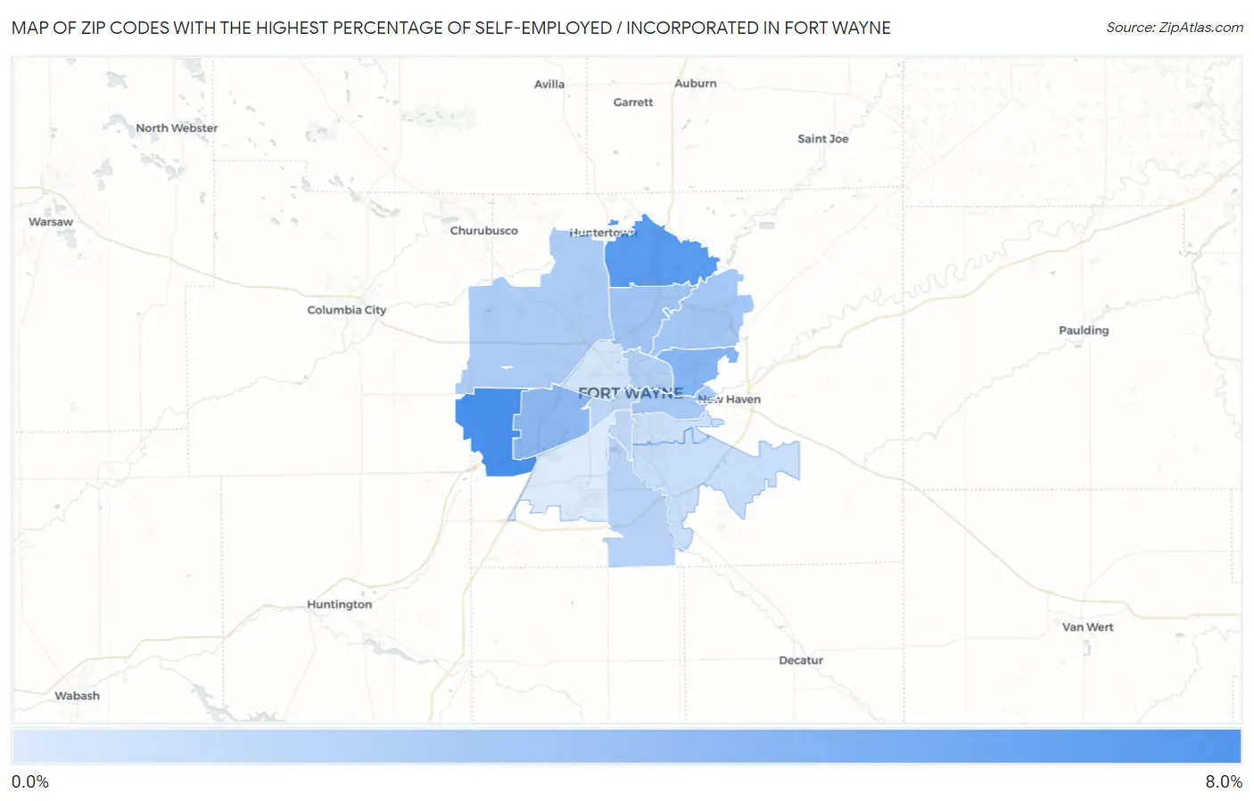 Zip Codes with the Highest Percentage of Self-Employed / Incorporated in Fort Wayne Map