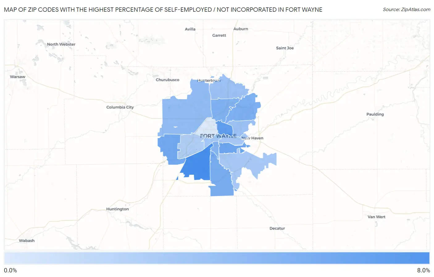 Zip Codes with the Highest Percentage of Self-Employed / Not Incorporated in Fort Wayne Map