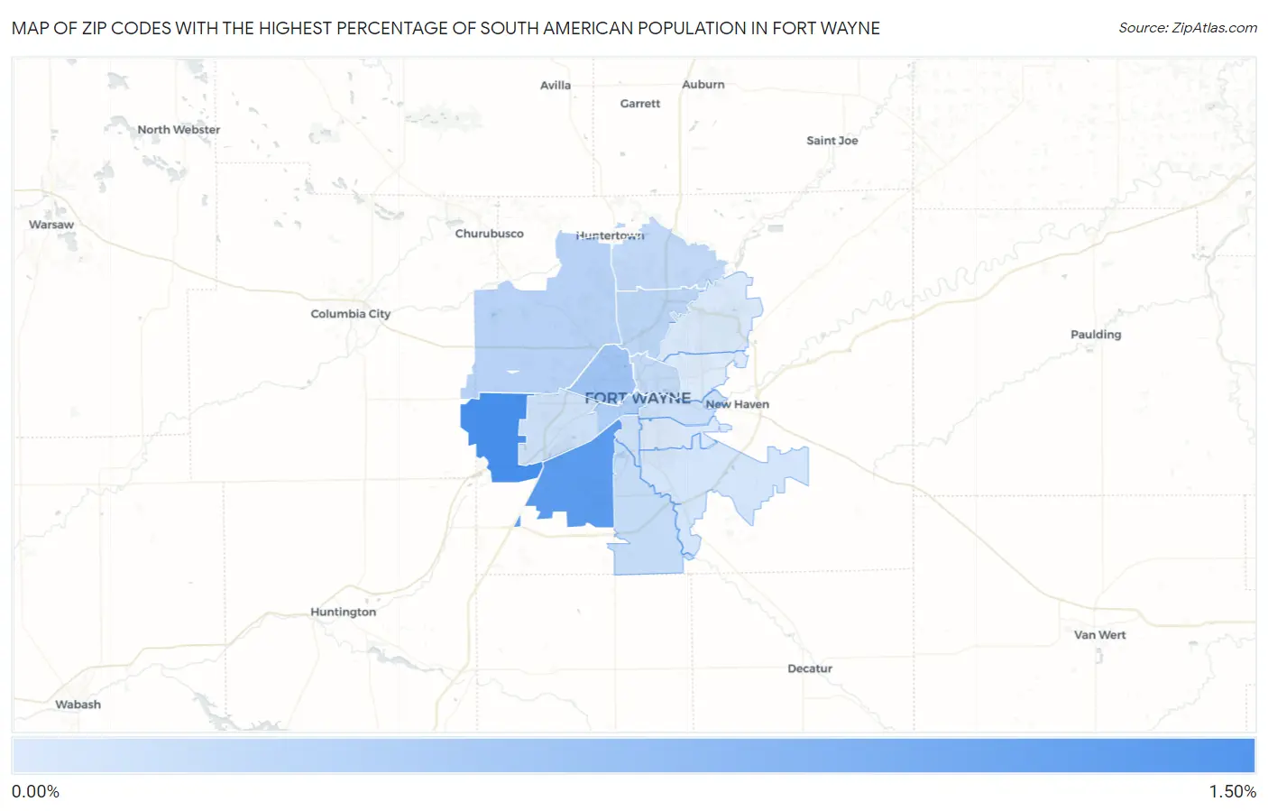 Zip Codes with the Highest Percentage of South American Population in Fort Wayne Map