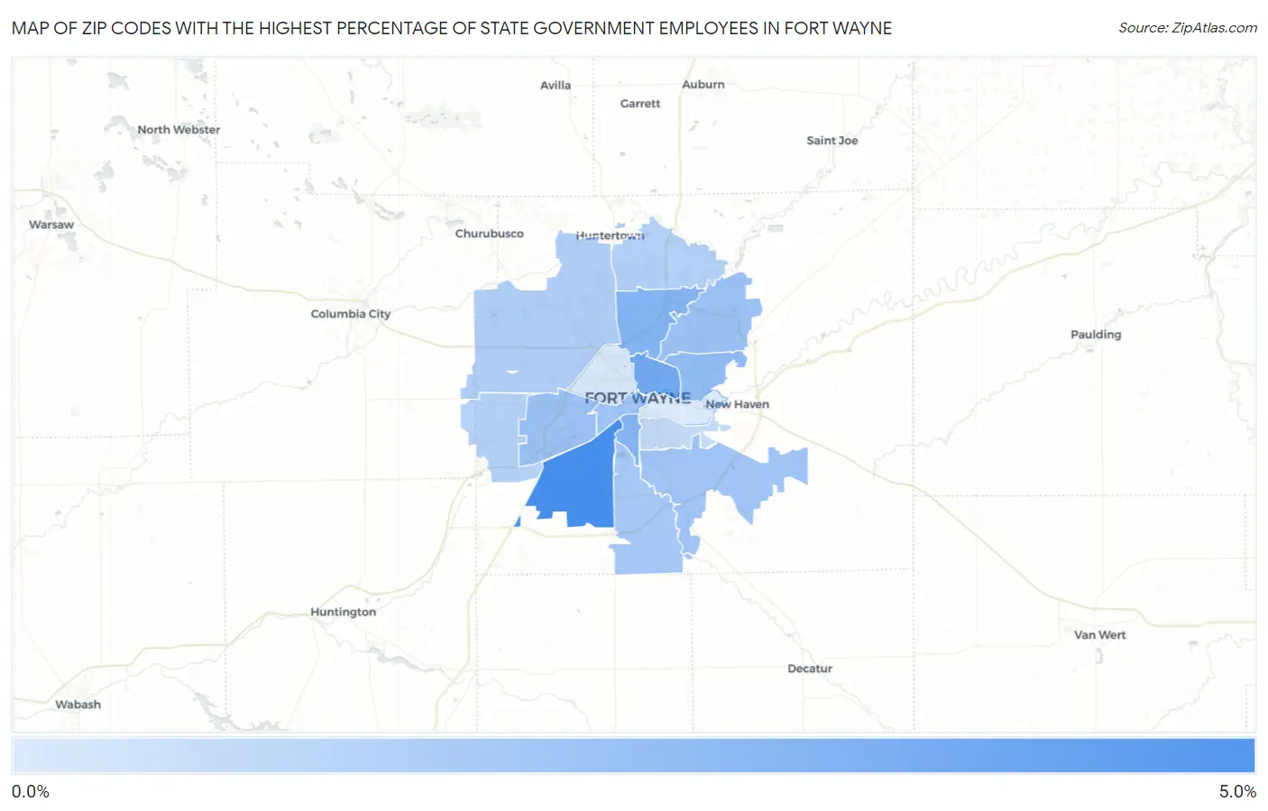 Zip Codes with the Highest Percentage of State Government Employees in Fort Wayne Map