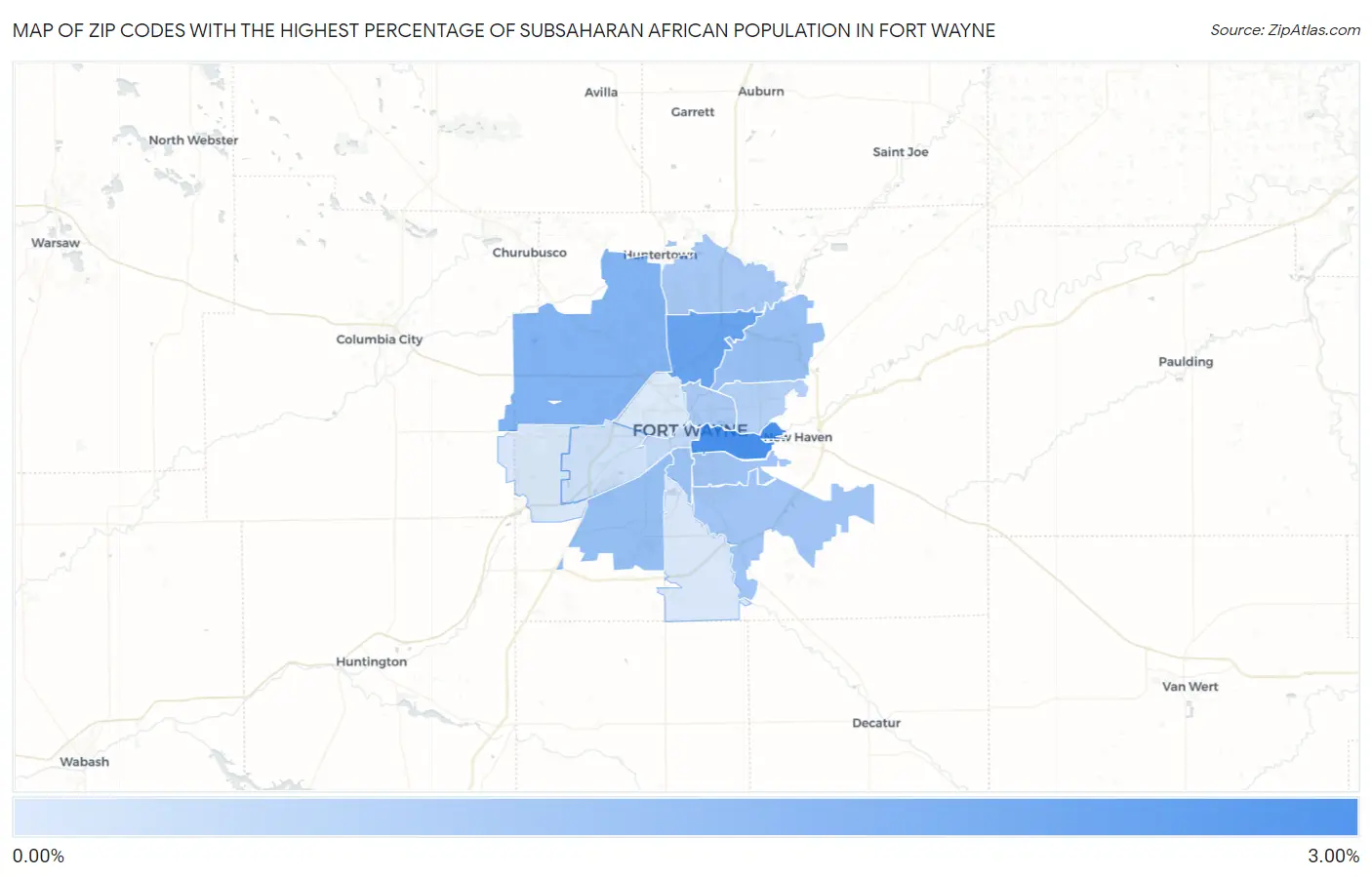Zip Codes with the Highest Percentage of Subsaharan African Population in Fort Wayne Map