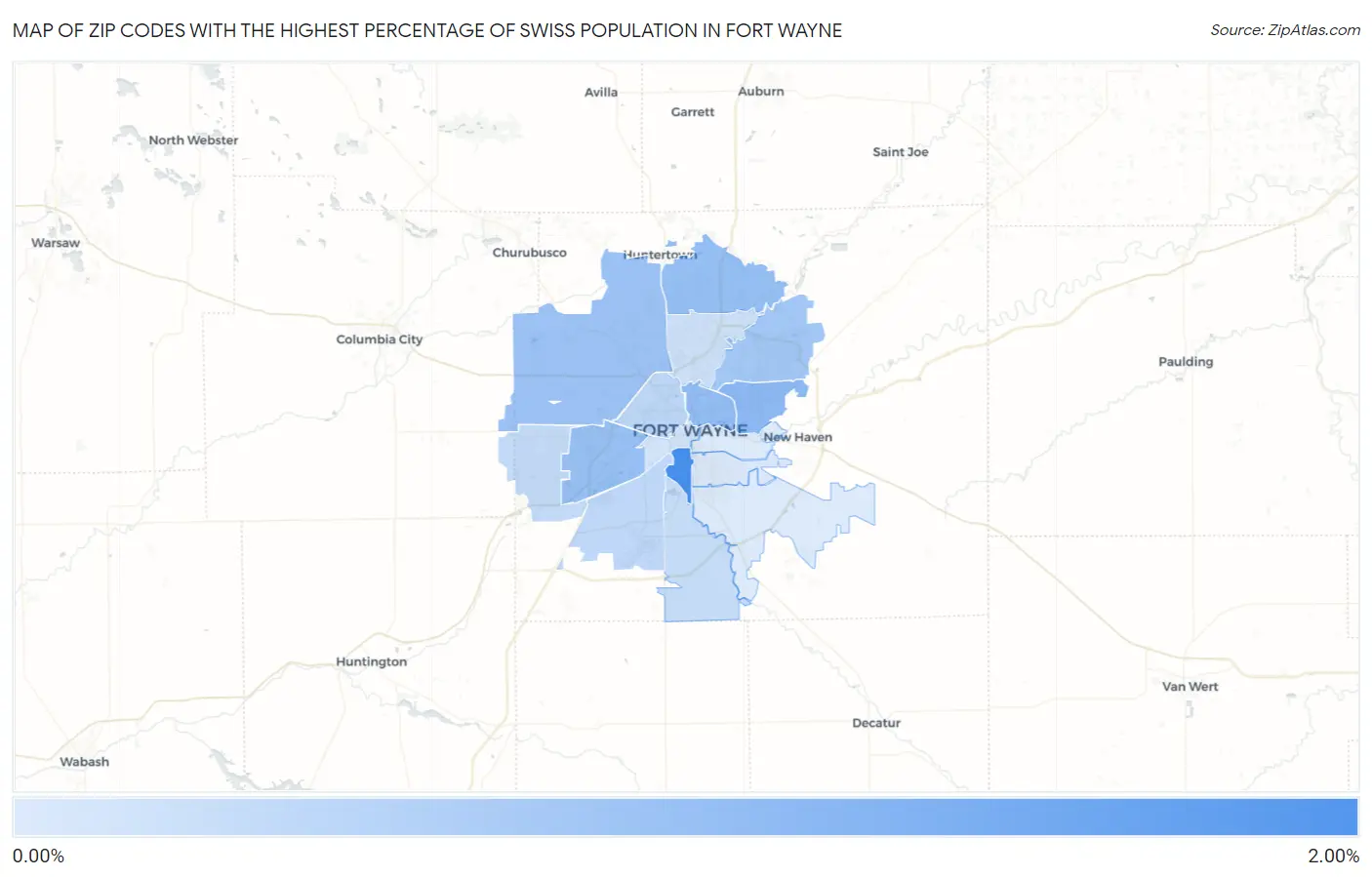 Zip Codes with the Highest Percentage of Swiss Population in Fort Wayne Map