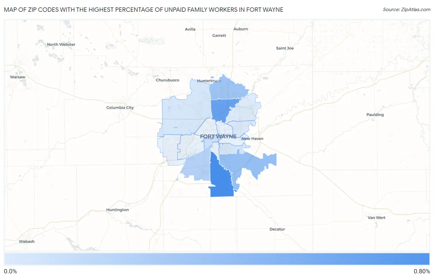 Zip Codes with the Highest Percentage of Unpaid Family Workers in Fort Wayne Map