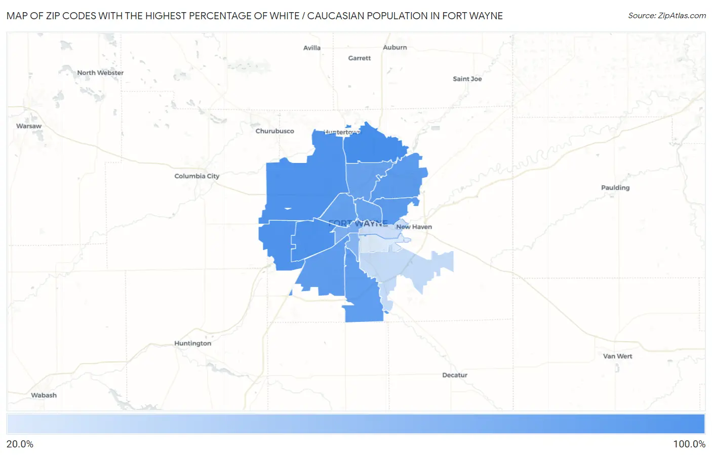 Zip Codes with the Highest Percentage of White / Caucasian Population in Fort Wayne Map