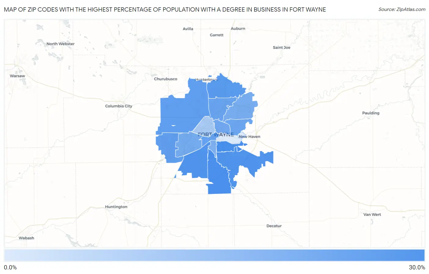 Zip Codes with the Highest Percentage of Population with a Degree in Business in Fort Wayne Map