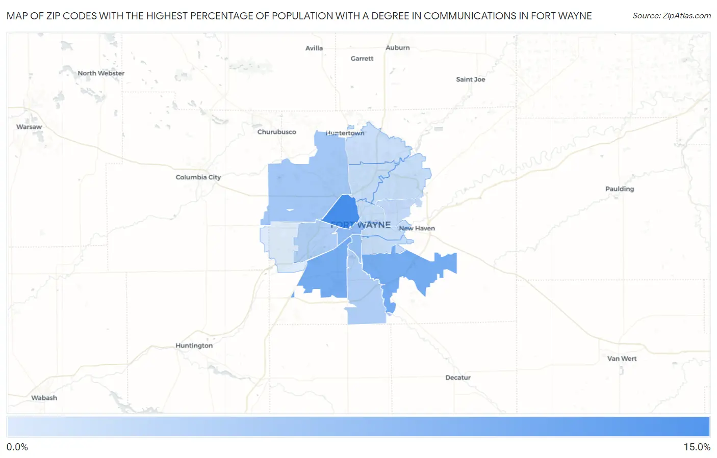 Zip Codes with the Highest Percentage of Population with a Degree in Communications in Fort Wayne Map