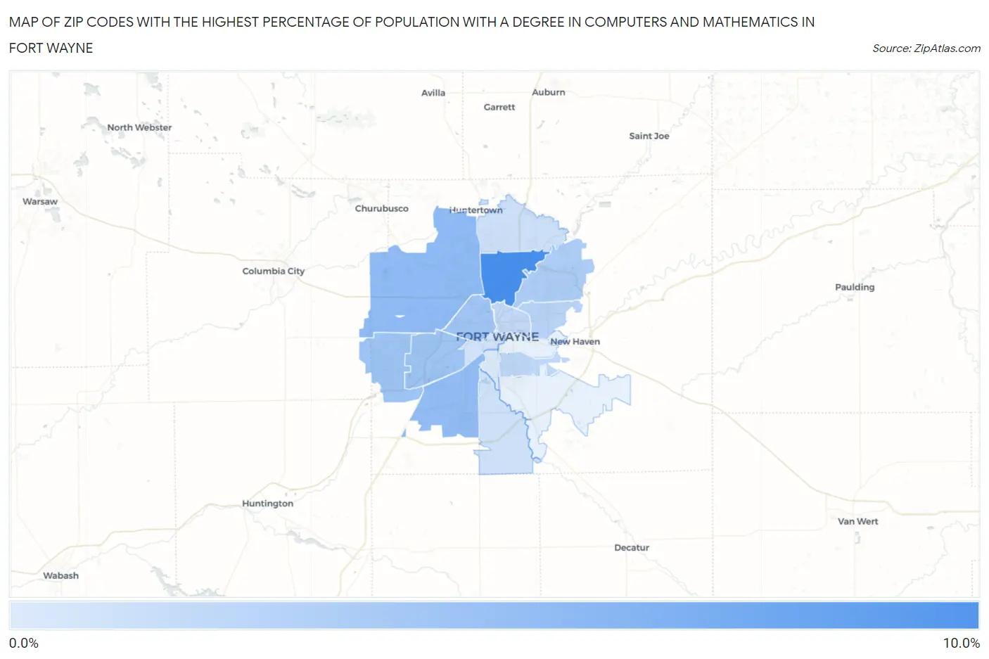 Zip Codes with the Highest Percentage of Population with a Degree in Computers and Mathematics in Fort Wayne Map