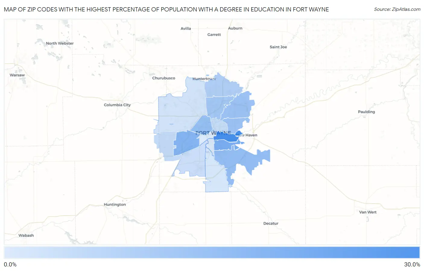 Zip Codes with the Highest Percentage of Population with a Degree in Education in Fort Wayne Map