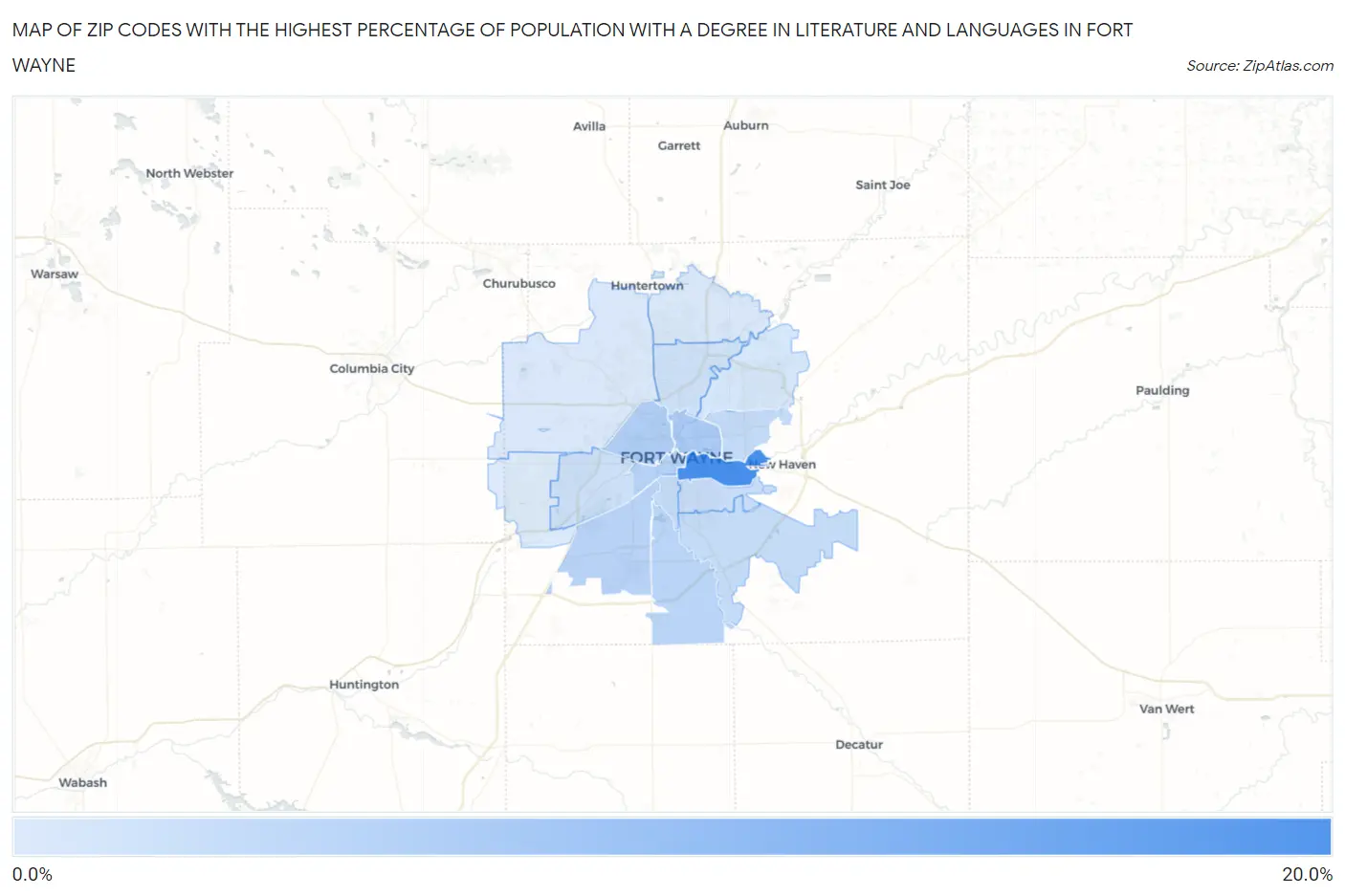 Zip Codes with the Highest Percentage of Population with a Degree in Literature and Languages in Fort Wayne Map