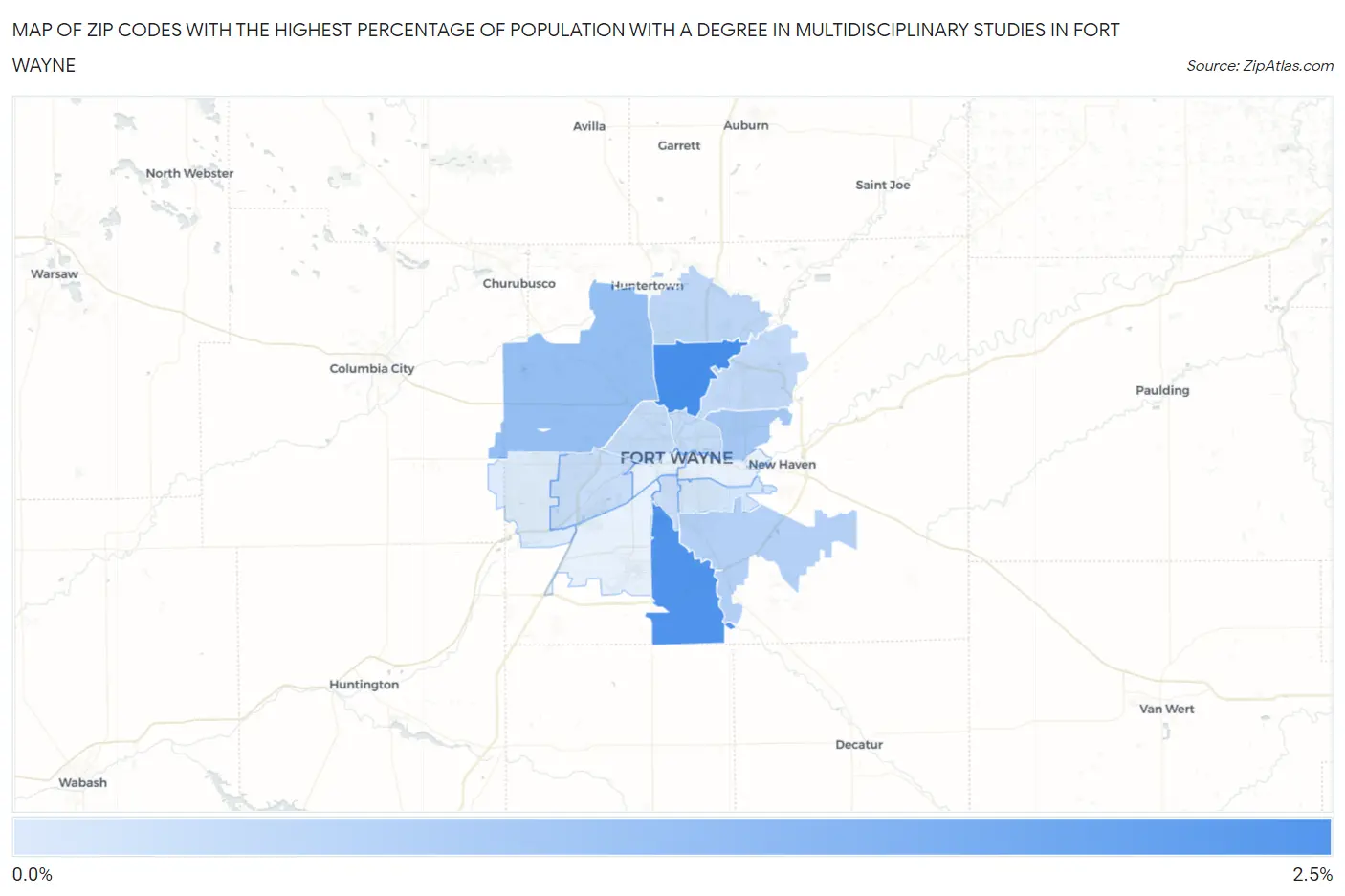 Zip Codes with the Highest Percentage of Population with a Degree in Multidisciplinary Studies in Fort Wayne Map