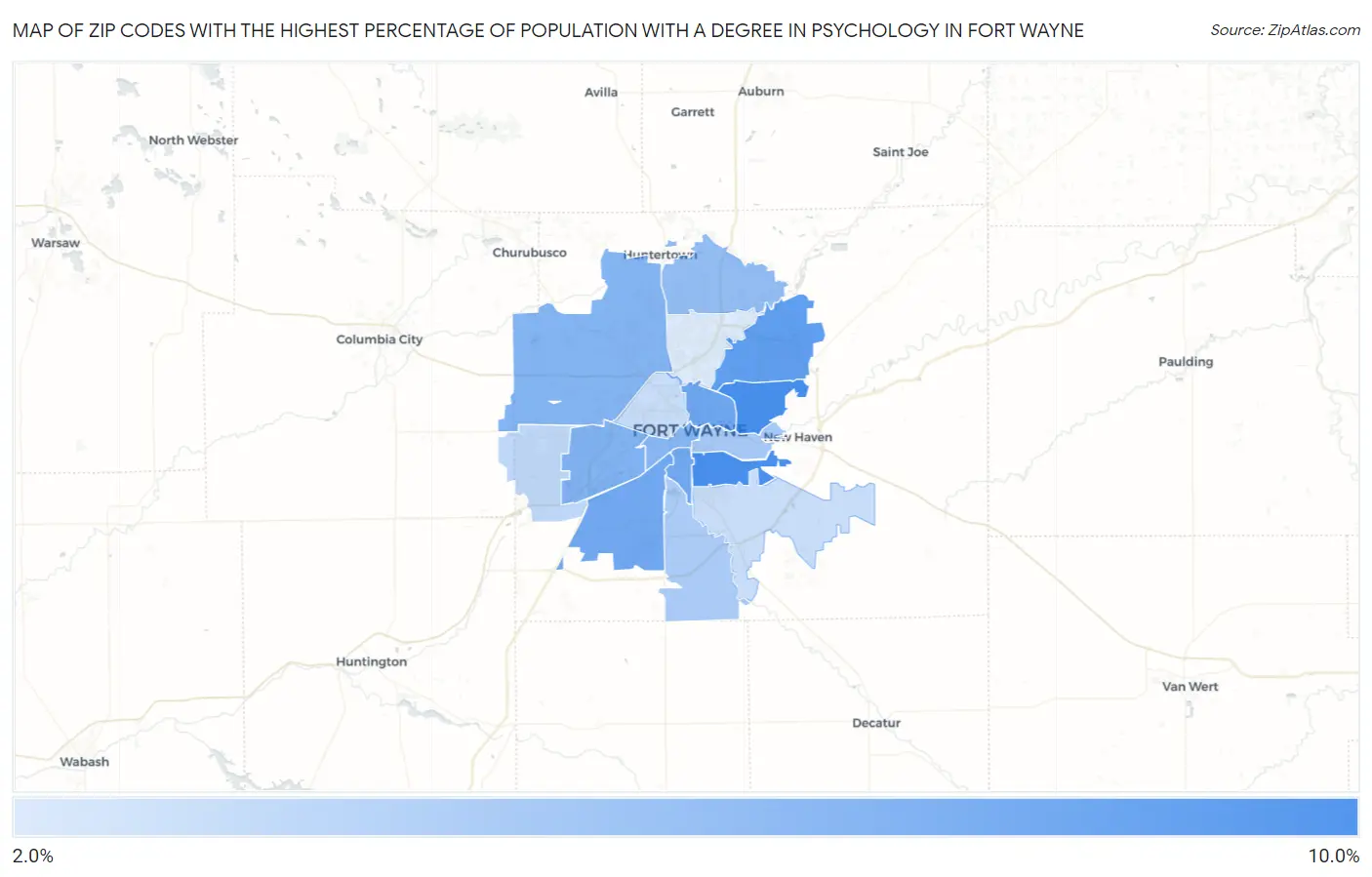 Zip Codes with the Highest Percentage of Population with a Degree in Psychology in Fort Wayne Map