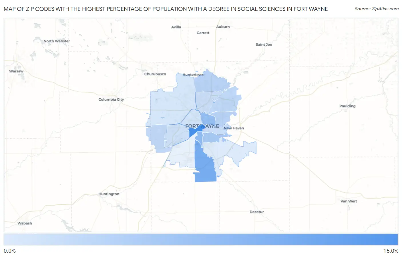 Zip Codes with the Highest Percentage of Population with a Degree in Social Sciences in Fort Wayne Map