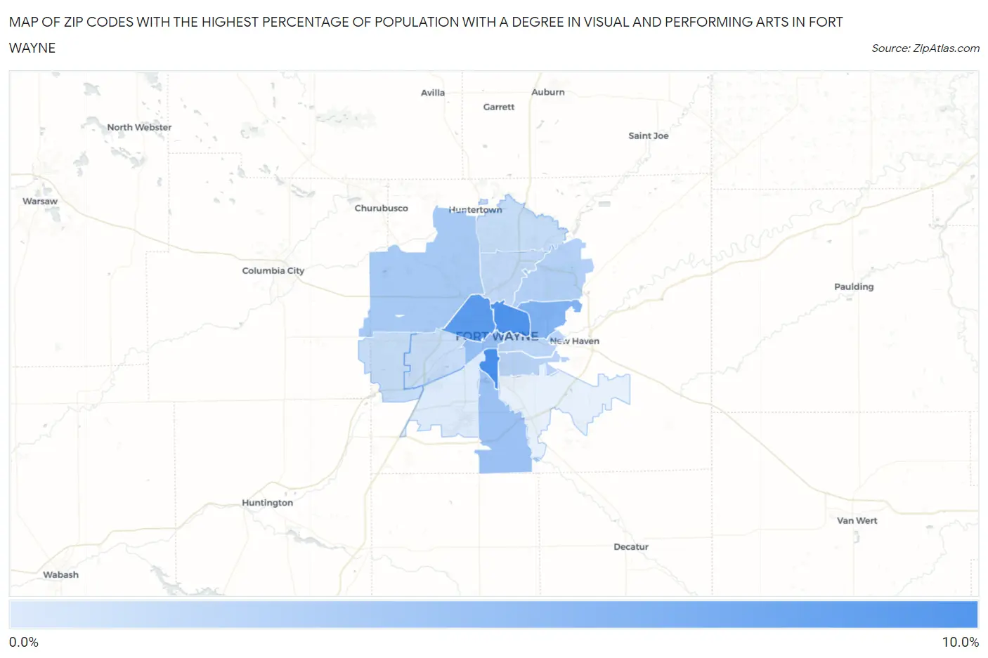 Zip Codes with the Highest Percentage of Population with a Degree in Visual and Performing Arts in Fort Wayne Map