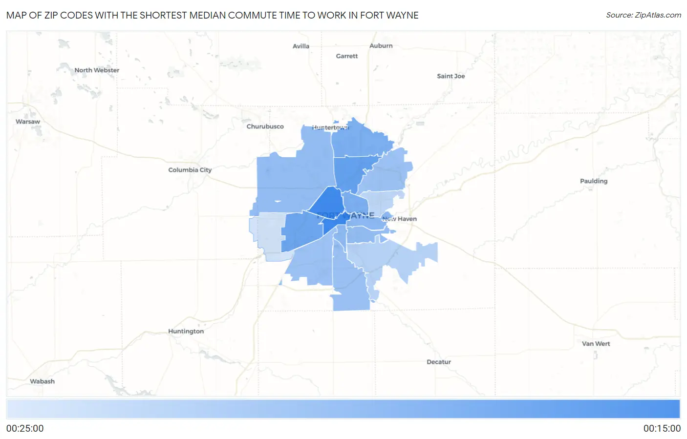 Zip Codes with the Shortest Median Commute Time to Work in Fort Wayne Map