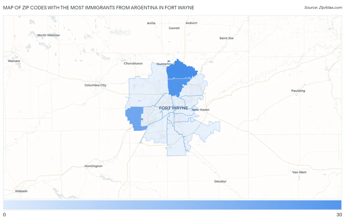 Zip Codes with the Most Immigrants from Argentina in Fort Wayne Map