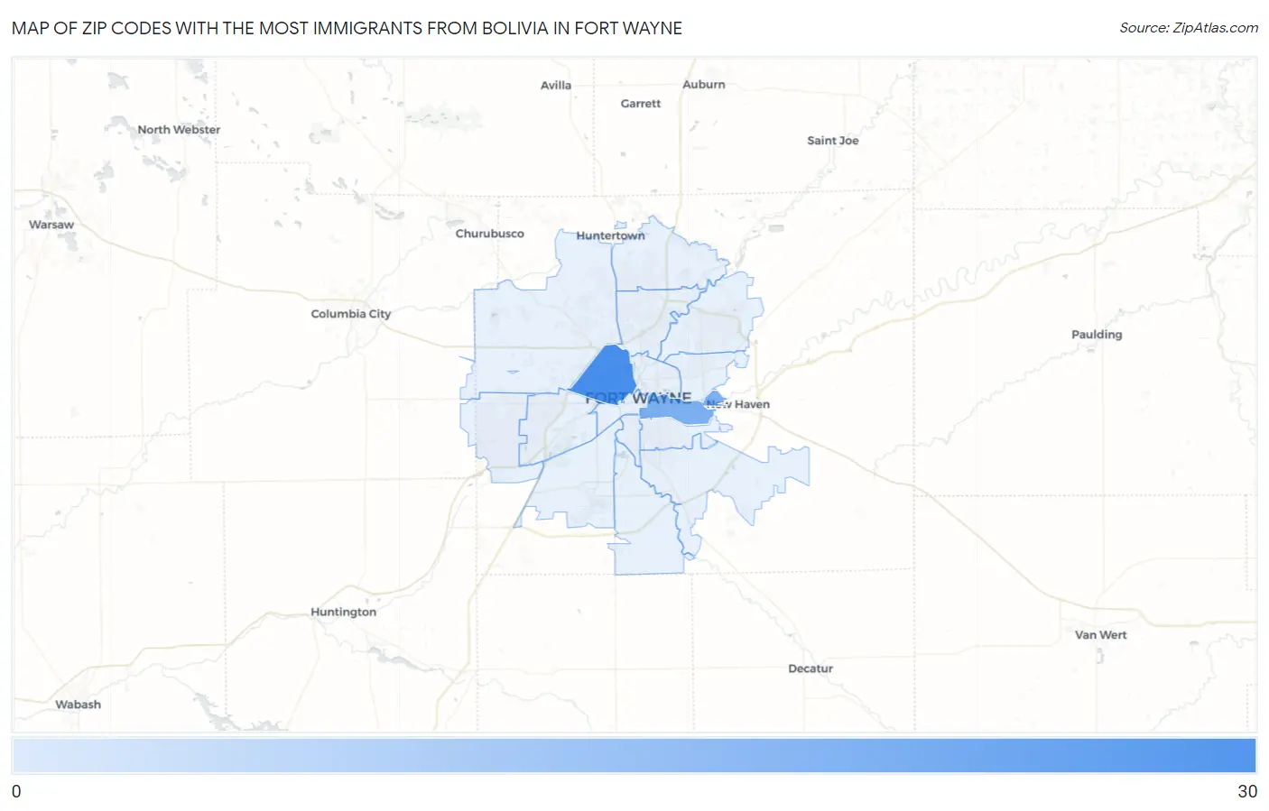 Zip Codes with the Most Immigrants from Bolivia in Fort Wayne Map
